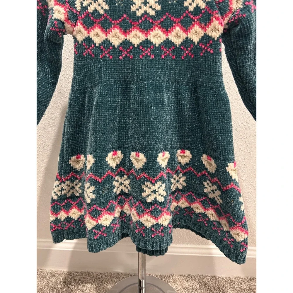 Girls Teal Fair Isle Snowflake Knit Sweater Dress Long Sleeve‎ Size 3T